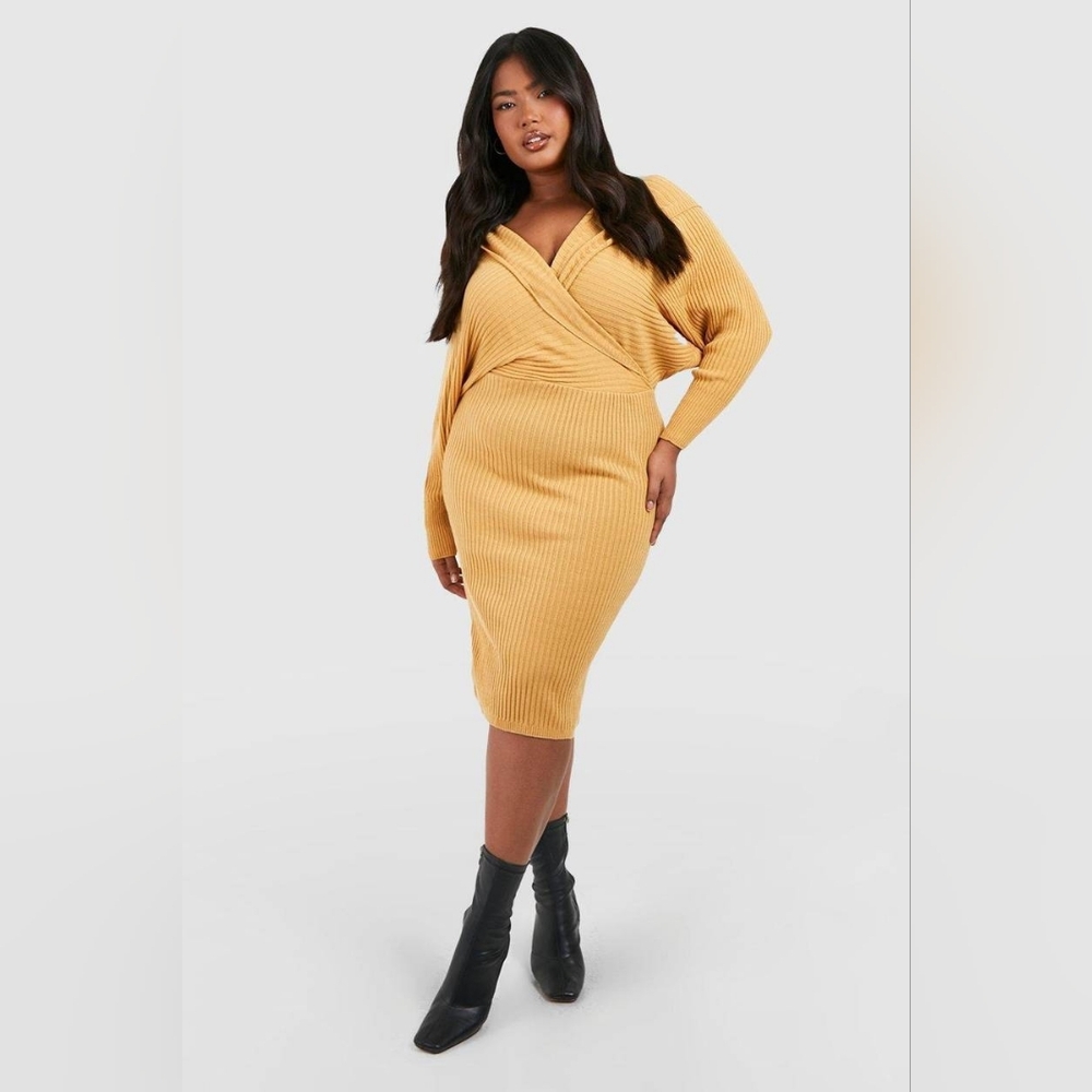 NEW- Camel Tone Knitted Wrap Midi-dress! Size 18!
